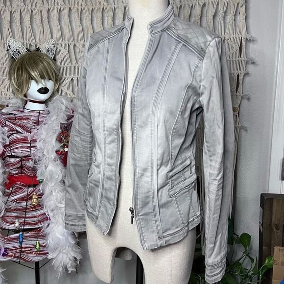 White House Black Market quilted denim jacket military moto cut sz 2 - Picture 1 of 11
